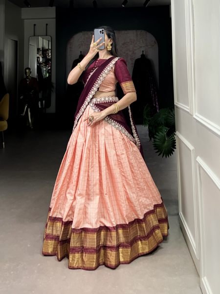 Beautiful South Indian Style Work Peach Zari Weaved Silk Lehenga Choli Set Half Saree Lehenga