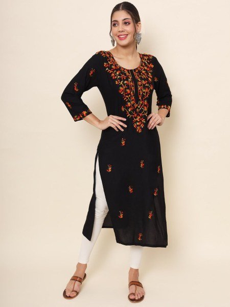 Beautiful straight cut long kurti with Lucknowi chickenkari work  with Liva Rayon Fabric kurti  Straight Cut Long Kurtis