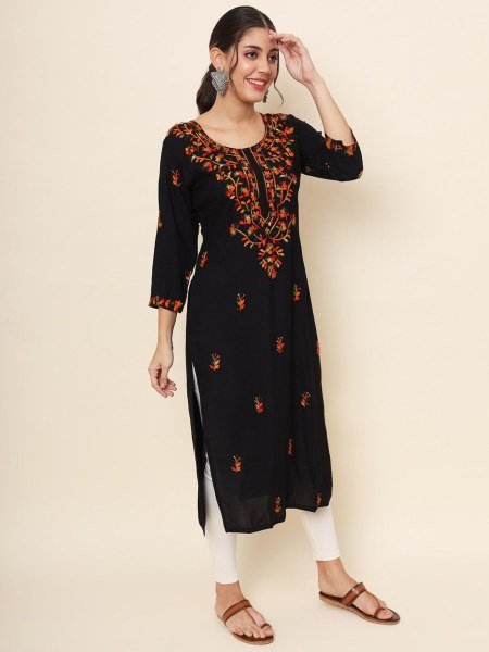 Beautiful straight cut long kurti with Lucknowi chickenkari work  with Liva Rayon Fabric kurti  Straight Cut Long Kurtis