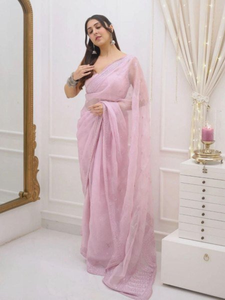 Beautiful Thread Embroidery Work Saree With Banglori blouse Sarees 