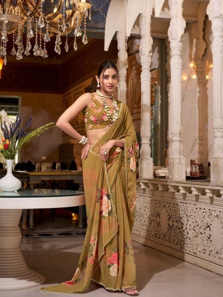 Beautifully Printed Georgette Saree in Earthy Olive Pearl Touched Perfection Georgette Sarees Wholesale