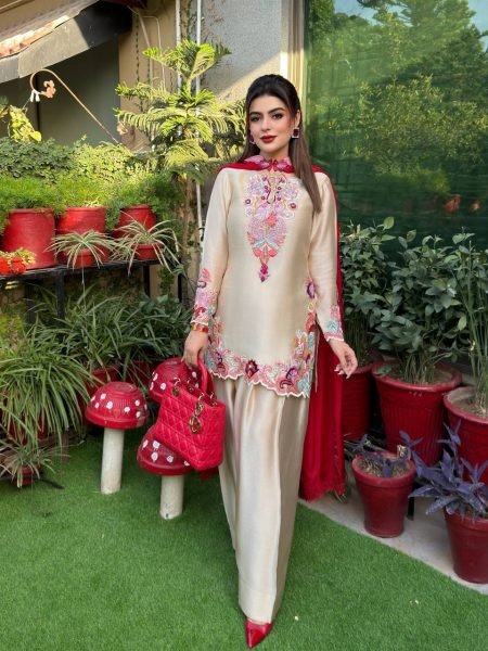 Begie Festival Wear Heavy Natural Satin Embroidered Kurti Farshi Set with Designer Dupatta Ready To Wear Collection