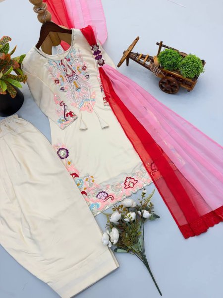 Begie Festival Wear Heavy Natural Satin Embroidered Kurti Farshi Set with Designer Dupatta Ready To Wear Collection