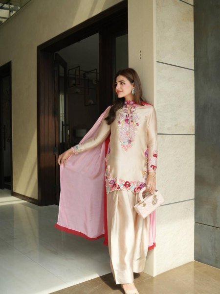 Begie Festival Wear Heavy Natural Satin Embroidered Kurti Farshi Set with Designer Dupatta Ready To Wear Collection
