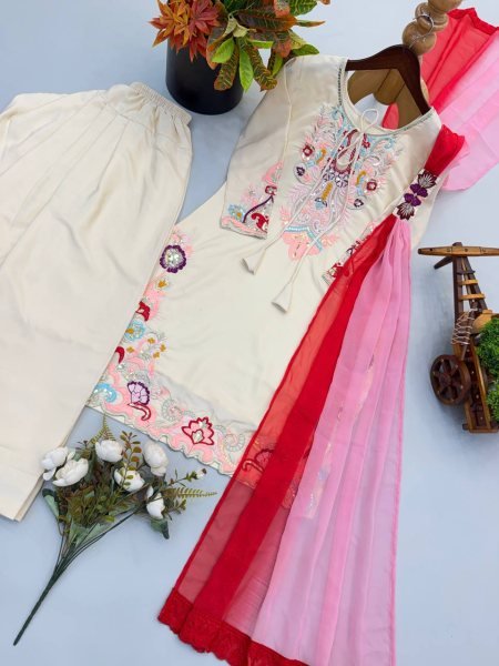 Begie Festival Wear Heavy Natural Satin Embroidered Kurti Farshi Set with Designer Dupatta Ready To Wear Collection