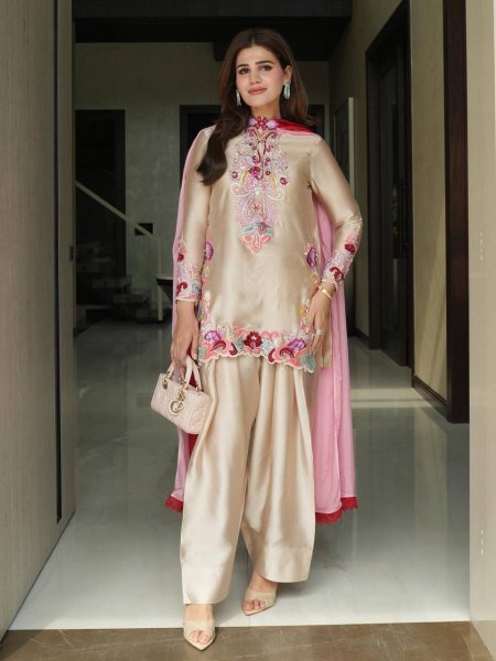 Begie Festival Wear Heavy Natural Satin Embroidered Kurti Farshi Set with Designer Dupatta Ready To Wear Collection