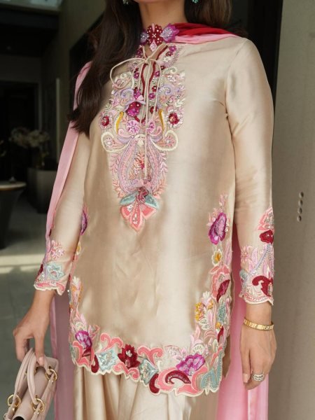 Begie Festival Wear Heavy Natural Satin Embroidered Kurti Farshi Set with Designer Dupatta Ready To Wear Collection