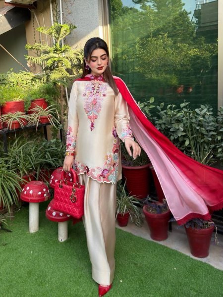 Begie Festival Wear Heavy Natural Satin Embroidered Kurti Farshi Set with Designer Dupatta Ready To Wear Collection