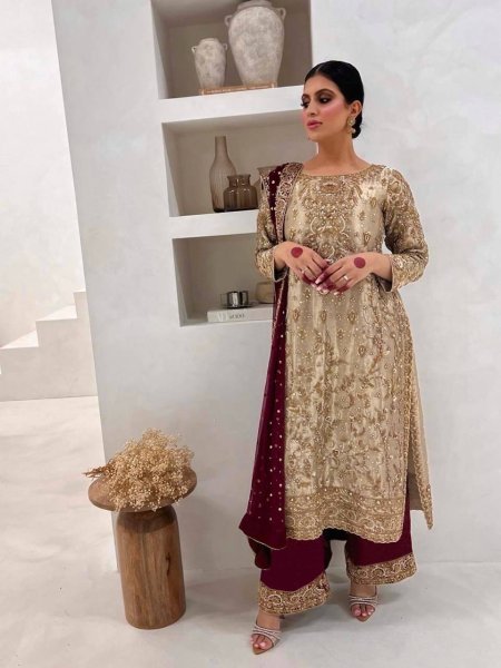 Luxury Silk Embroidery Suit Palazzo Dupatta Set Perfect for Weddings  Ready To Wear Collection