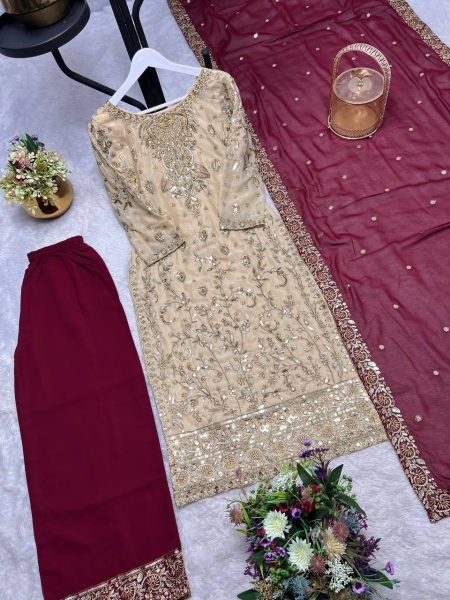 Luxury Silk Embroidery Suit Palazzo Dupatta Set Perfect for Weddings  Ready To Wear Collection