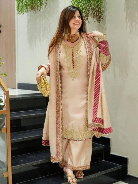Beige Chinon Silk Embroidered Sharara Suit with Maroon Border Dupatta for Wedding Look Ready To Wear Suit