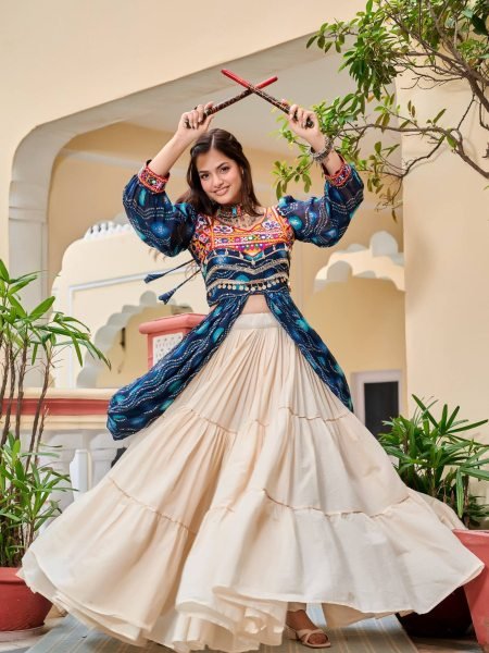 Beige Cotton 9m Flair Lehenga with Blue Gamthi Embroidered Shrug Festive Garba Wear 
