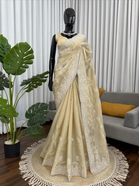 Beige Jimmy Chu Saree with Thread Embroidery Work Premium Festive Wear for Women JIMMY CHOO SAREE