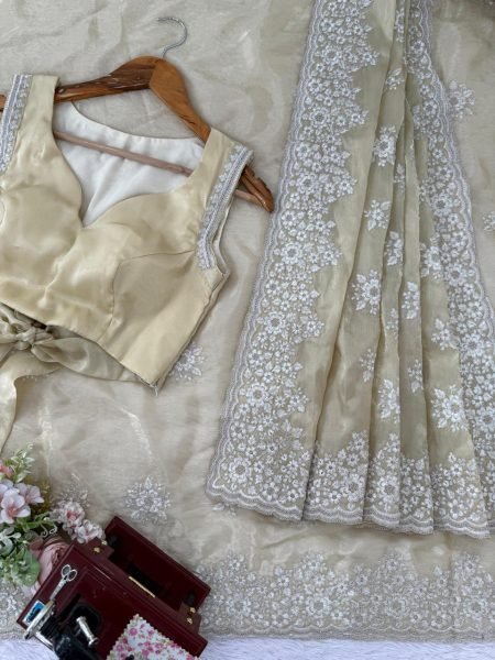 Beige Jimmy Chu Saree with Thread Embroidery Work Premium Festive Wear for Women JIMMY CHOO SAREE