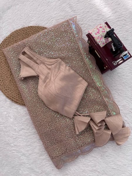 Beige Party Wear Heavy Net Saree with Sequin Embroidery and Silk Blouse at Wholesale  Net Sarees Wholesale