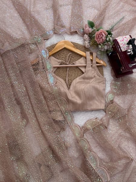 Beige Party Wear Heavy Net Saree with Sequin Embroidery and Silk Blouse at Wholesale  Net Sarees Wholesale