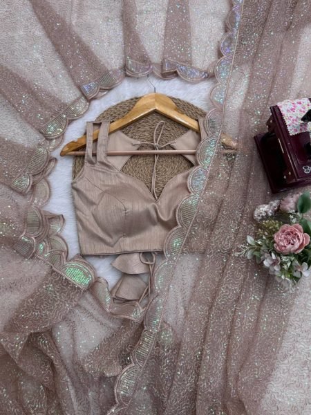 Beige Party Wear Heavy Net Saree with Sequin Embroidery and Silk Blouse at Wholesale  Net Sarees Wholesale