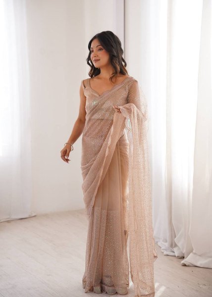 Beige Party Wear Heavy Net Saree with Sequin Embroidery and Silk Blouse at Wholesale  Net Sarees Wholesale