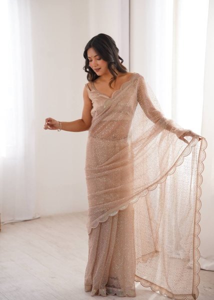 Beige Party Wear Heavy Net Saree with Sequin Embroidery and Silk Blouse at Wholesale  Net Sarees Wholesale