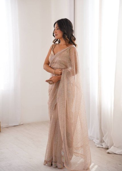 Beige Party Wear Heavy Net Saree with Sequin Embroidery and Silk Blouse at Wholesale  Net Sarees Wholesale
