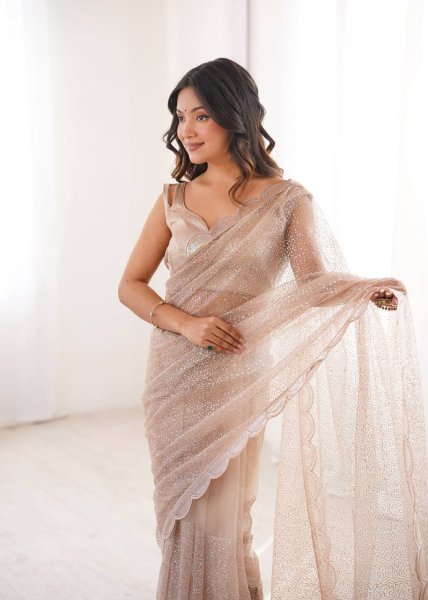 Beige Party Wear Heavy Net Saree with Sequin Embroidery and Silk Blouse at Wholesale  Net Sarees Wholesale