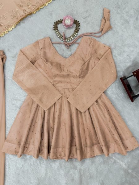 Beige Ready to Wear 3 Piece Anarkali Kurti Set Tabby Organza Fabric Mukesh Handwork Manufacturer in Surat  Anarkali Kurtis 