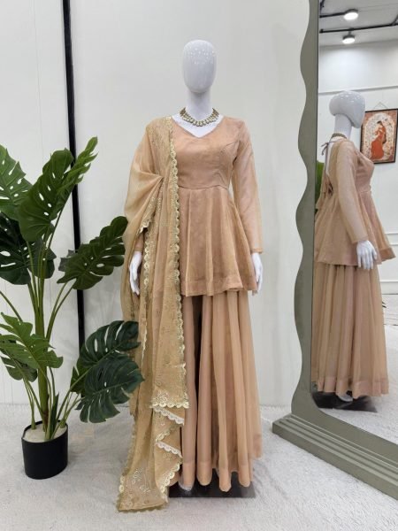 Beige Ready to Wear 3 Piece Anarkali Kurti Set Tabby Organza Fabric Mukesh Handwork Manufacturer in Surat  Anarkali Kurtis 