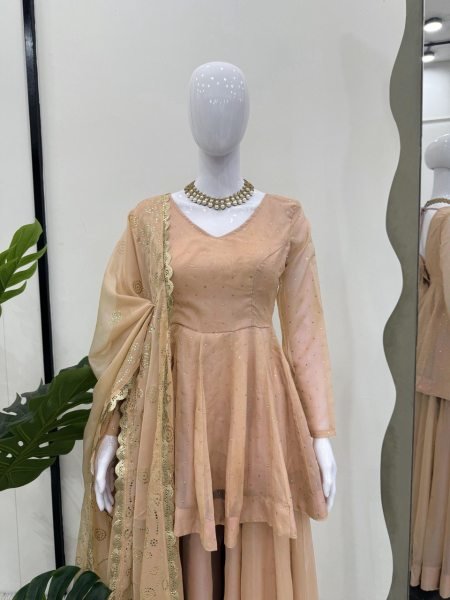 Beige Ready to Wear 3 Piece Anarkali Kurti Set Tabby Organza Fabric Mukesh Handwork Manufacturer in Surat  Anarkali Kurtis 