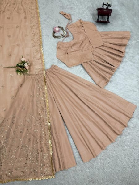 Beige Ready to Wear 3 Piece Anarkali Kurti Set Tabby Organza Fabric Mukesh Handwork Manufacturer in Surat  Anarkali Kurtis 