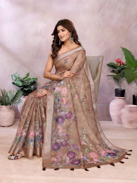 Beige Rust Floral Linen Shimmer Saree with Matching Blouse and Tassel Border for Festive Wear Printed Cotton Sarees Wholesale
