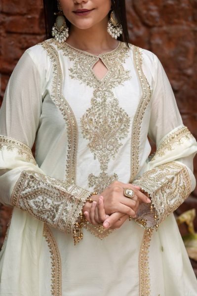 Best Price New Designer Party Wear Look Pur Chinon Silk Top Plazzo   Dupatta Set Ready To Wear Collection