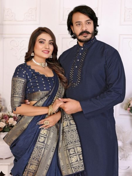Best Seller Matching Couple Set Mens Silky Silk Kurta with Cotton Pajama & Womens Premium Dola Silk Saree  Couple Combo collection 
