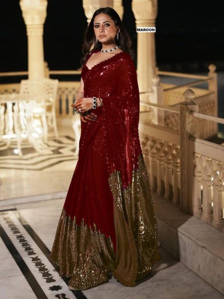 Best Selling Maroon Georgette Saree with Heavy Embroidery for Party Collection