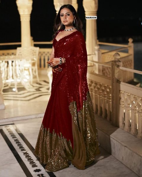 Best Selling Maroon Georgette Saree with Heavy Embroidery for Party Collection Bollywood Fancy Sarees Wholesale