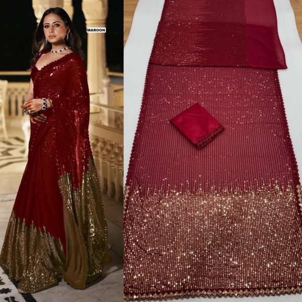 Best Selling Maroon Georgette Saree with Heavy Embroidery for Party Collection Bollywood Fancy Sarees Wholesale