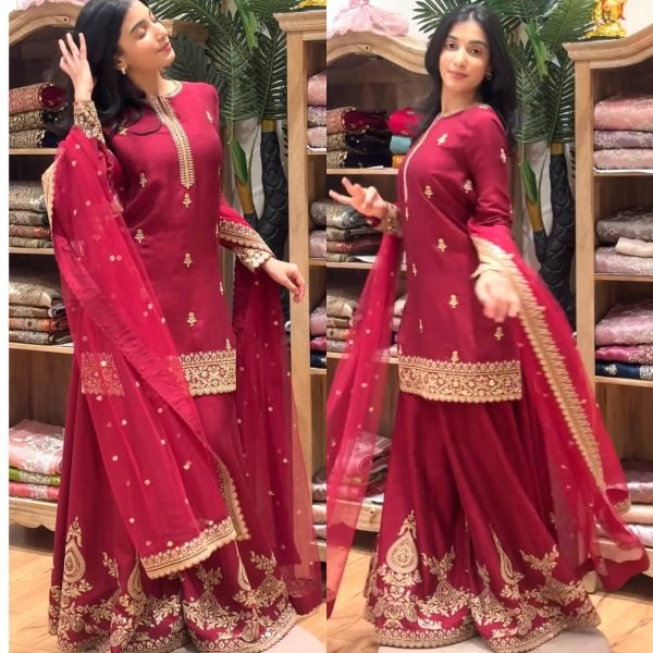 Best Selling Red Kurti Palazzo Set with Designer Dupatta for Women Ready To Wear Collection
