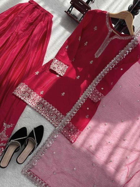 Best Selling Red Kurti Palazzo Set with Designer Dupatta for Women Ready To Wear Collection