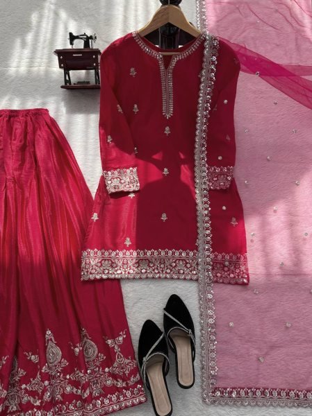 Best Selling Red Kurti Palazzo Set with Designer Dupatta for Women Ready To Wear Collection