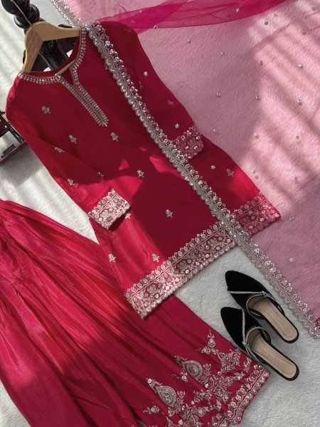 Best Selling Red Kurti Palazzo Set with Designer Dupatta for Women Ready To Wear Collection