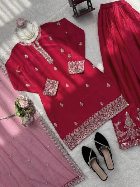 Best Selling Red Kurti Palazzo Set with Designer Dupatta for Women Ready To Wear Collection