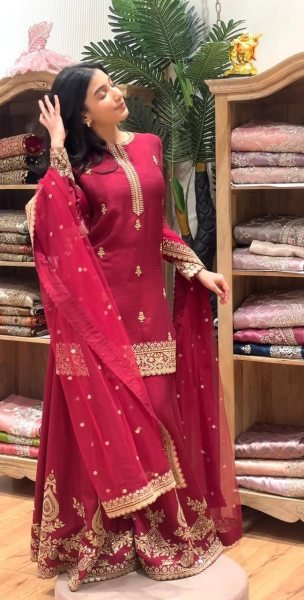 Best Selling Red Kurti Palazzo Set with Designer Dupatta for Women Ready To Wear Collection