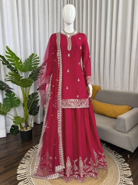 Best Selling Red Kurti Palazzo Set with Designer Dupatta for Women Ready To Wear Collection