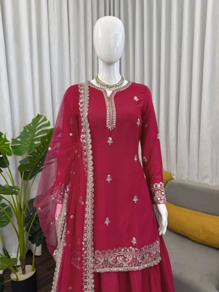 Best Selling Red Kurti Palazzo Set with Designer Dupatta for Women Ready To Wear Collection