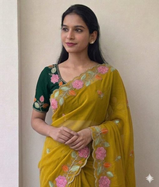 Best Selling Yellow Embroidered Georgette Saree for Wedding Functions Embroidery Sarees Wholesale