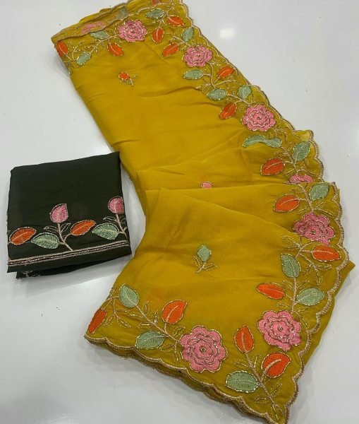 Best Selling Yellow Embroidered Georgette Saree for Wedding Functions Embroidery Sarees Wholesale
