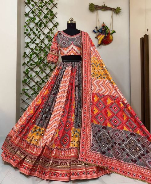 Best Wholesale Price 2025 Navratri Special Muslin Cotton with Real Mirror Work Gotapatti Lace Designer Dupatta Set Navratri Lehnega Choli