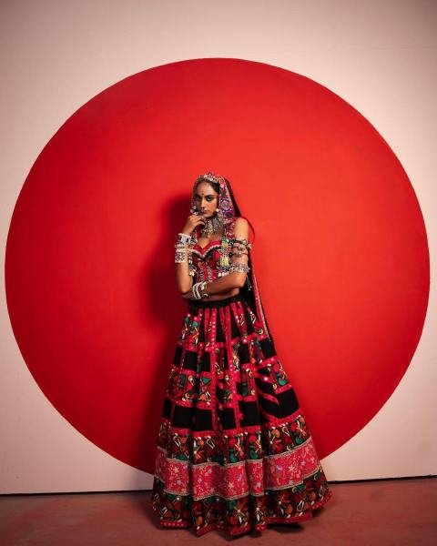 Bhoomi Trivedi Black Muslin Cotton Chaniya Choli with Digital Print And Heavy Real Mirror Work for Garba Nights Navratri Lehnega Choli