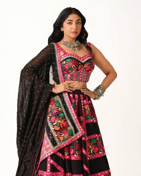 Bhoomi Trivedi Black Muslin Cotton Chaniya Choli with Digital Print And Heavy Real Mirror Work for Garba Nights Navratri Lehnega Choli