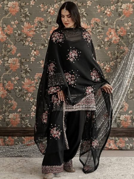 Black aesthetics Natural Crep Silk Intricate Thared And Sequnce work Suit With Farshi Plazzo And Sequence Dupatta 