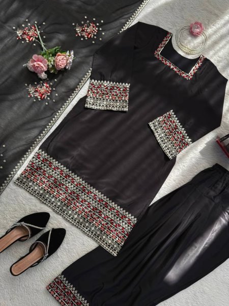 Black aesthetics Natural Crep Silk Intricate Thared And Sequnce work Suit With Farshi Plazzo And Sequence Dupatta Ready To Wear Collection